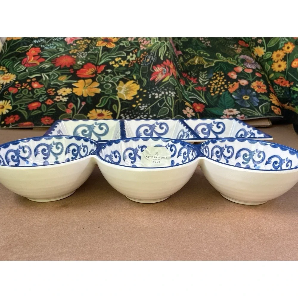 Artisan De Luxe Set Of 2 Melamine Blue Rose Scroll 3-Section Serving Trays NEW